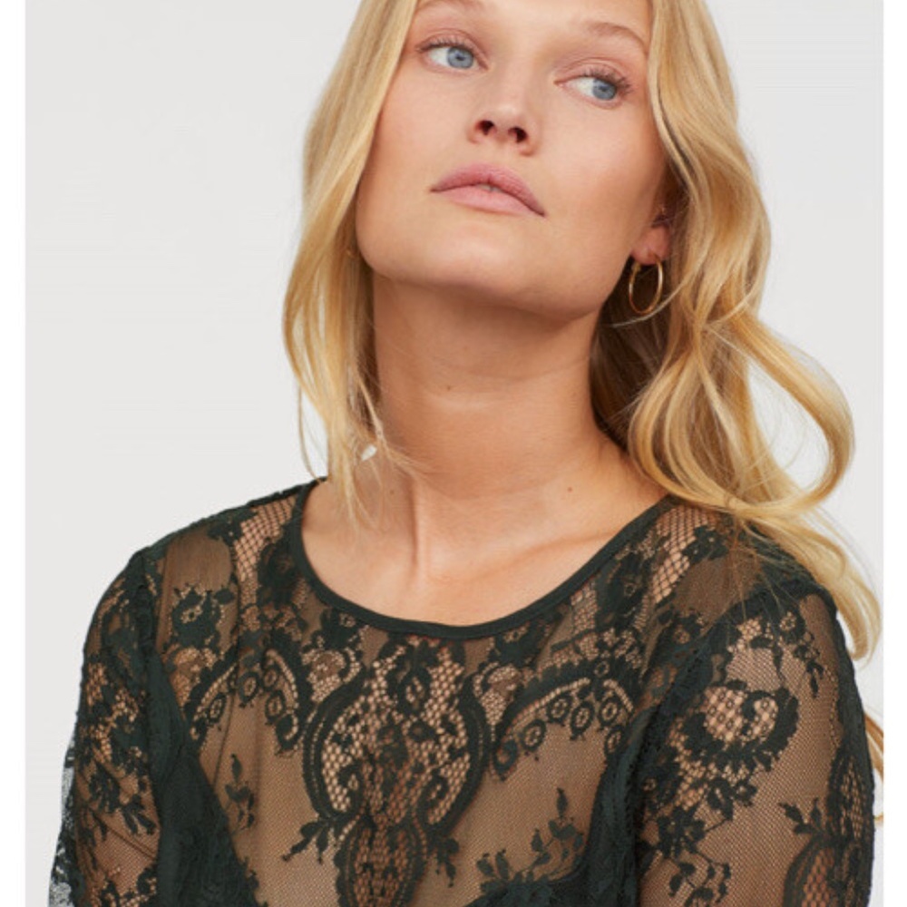 NWT H&M Dark Green Lace Long Sleeve Midi Dress Size 6 Whimsigoth Witchy Ethereal - Picture 8 of 9